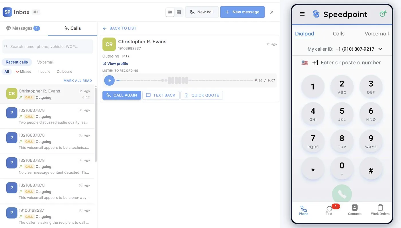 The Speedpoint Inbox showing recorded calls with AI summaries and call, text, and quote buttons, next to the Speedpoint mobile dialer with the shop's caller ID