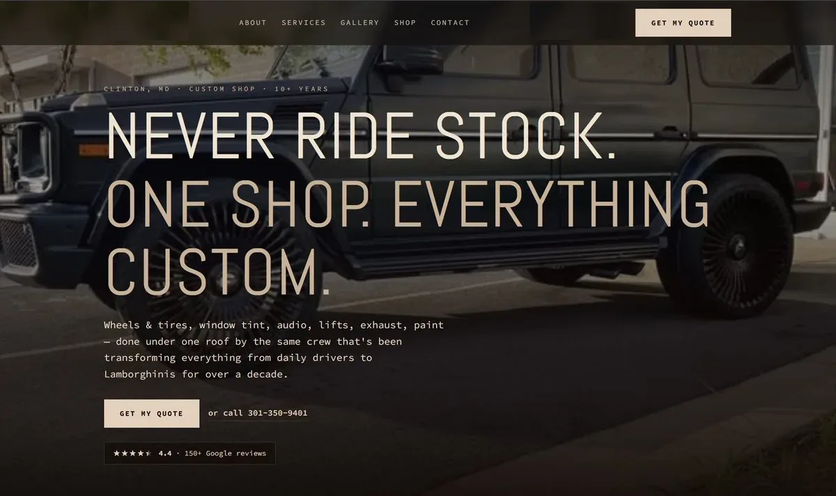 A third shop website generated by Speedpoint: cream and black custom-shop design with tap-to-call, quote button, and a 4.4 star Google reviews badge