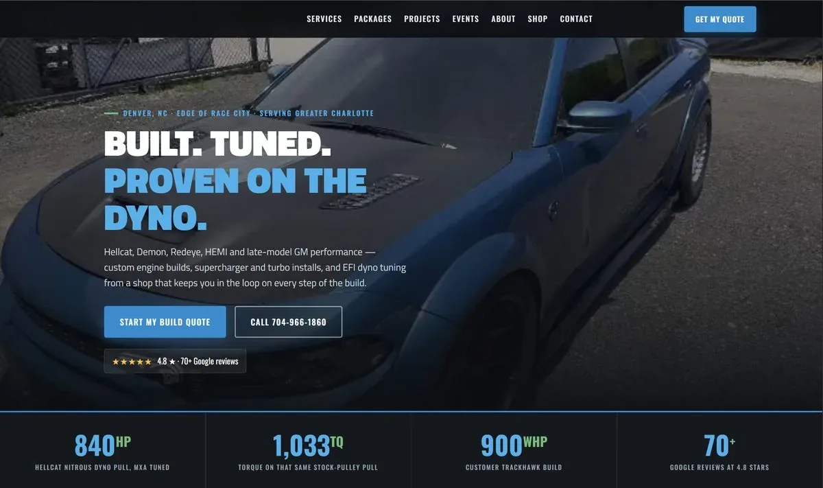 A second shop website generated by Speedpoint: different brand and colors, with dyno numbers, tap-to-call, and Google reviews front and center
